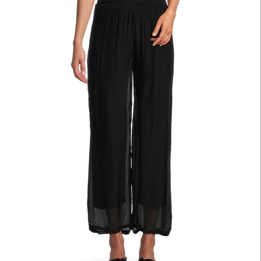 Lola Made In Italy Elegant Black Silk Blend Chiffon Wide-Leg Flowy Palazzo Pants